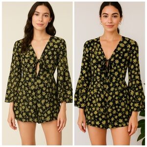 Lost + Wander Black Floral Cutout Bell Sleeve Romper Small Revolve Anthropologi